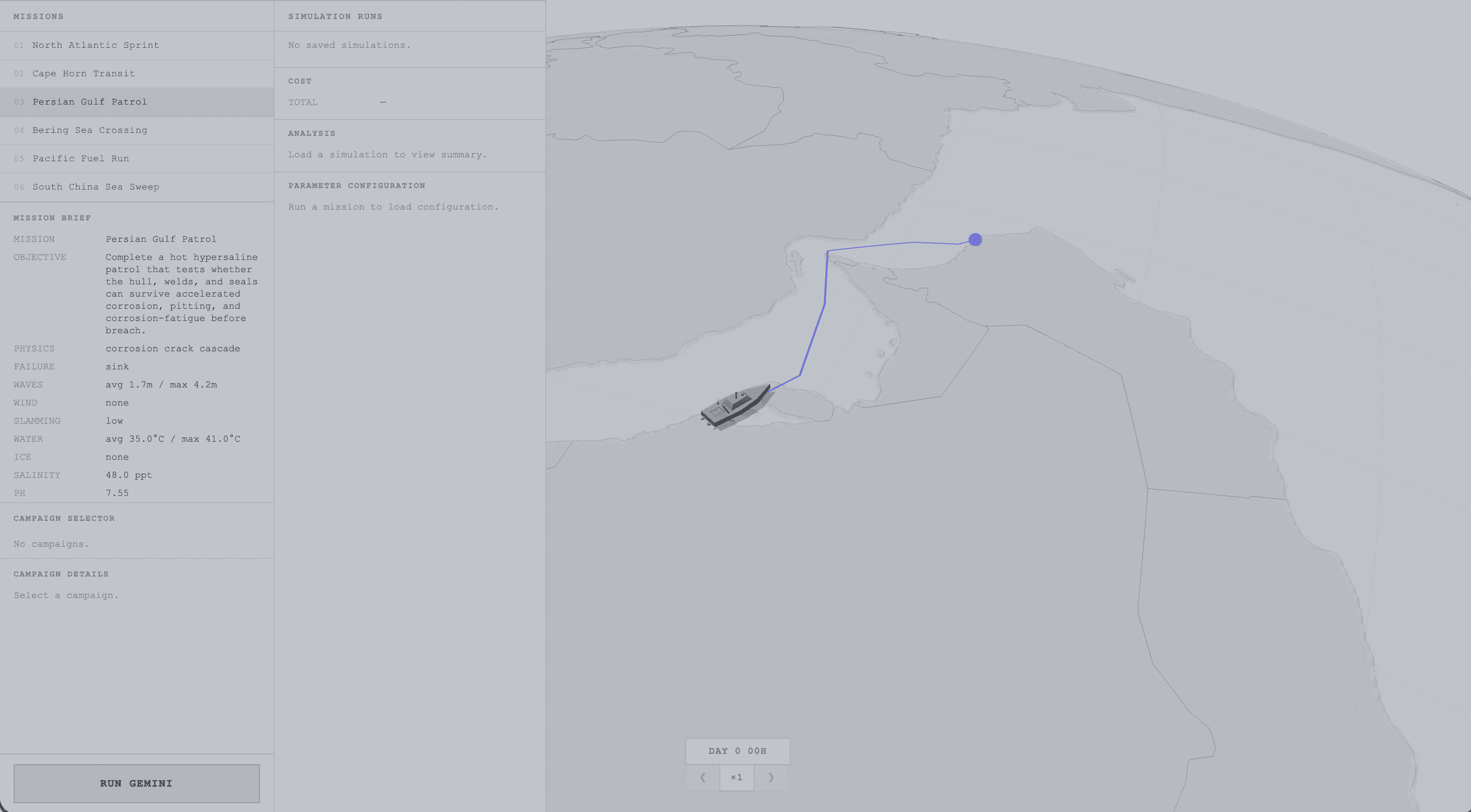 SeaForge interface showing a naval mission route through the Persian Gulf